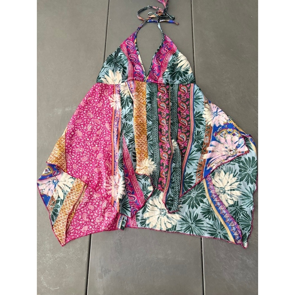 Silence + Noise Mixed Print Patchwork Halter Top Handkerchief Hem Large